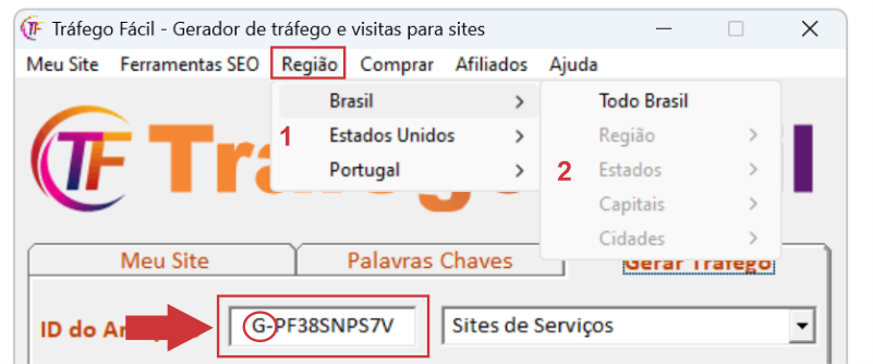 Menu Região do programa