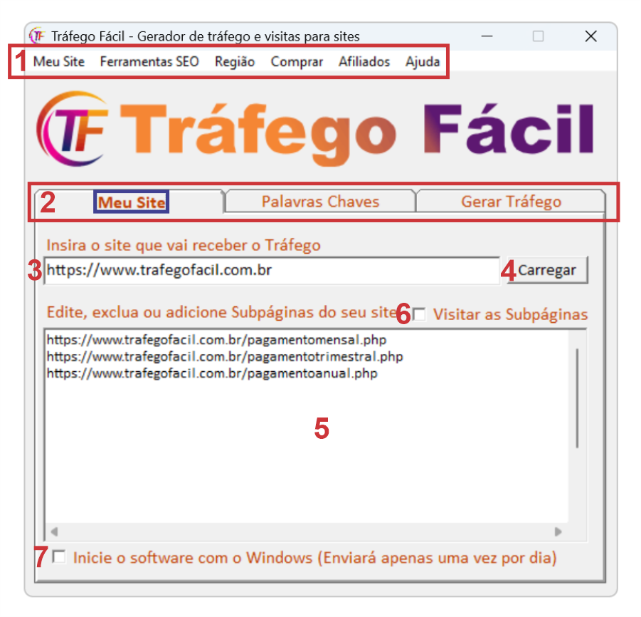 Tela Site do Tráfego Fácil com os campos numerados