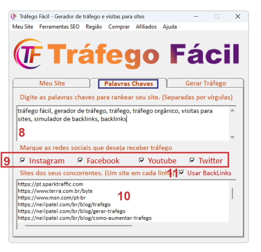 Tela de palavras-chave e origens do Tráfego Fácil com os campos numerados