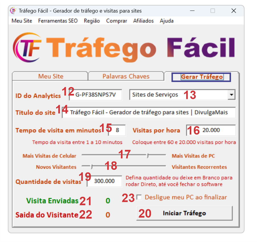 Tela Gerar Tráfego do Tráfego Fácil com os campos numerados