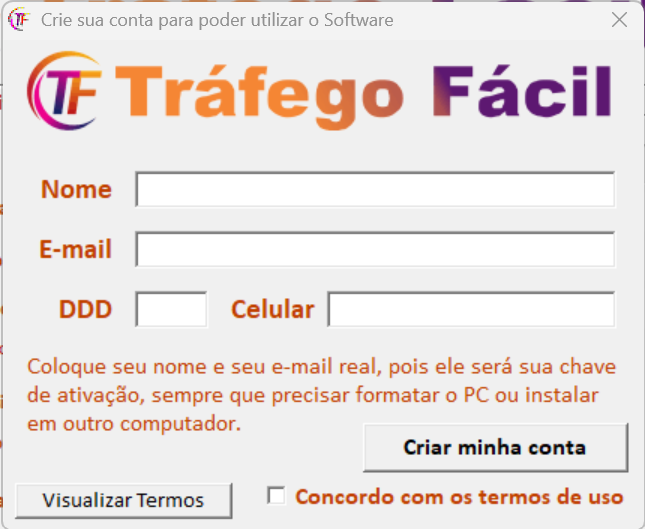 Tela de criação de conta do Tráfego Fácil com campos de nome, e-mail, DDD e celular
