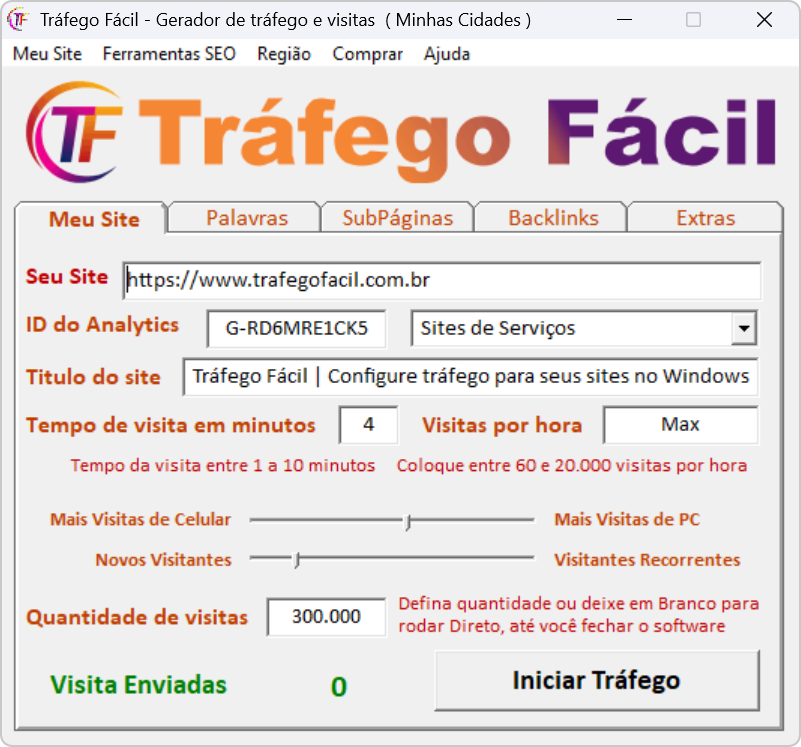 Tela atual do Tráfego Fácil com endereço do site, Analytics, duração, volume e distribuição de acessos