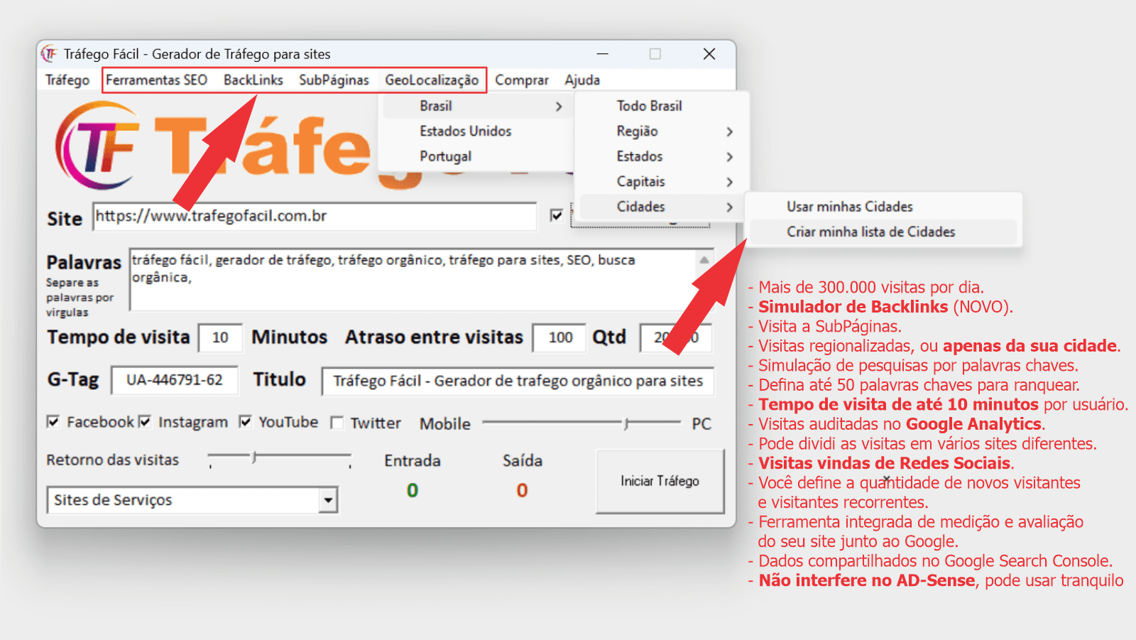 Tela do Tráfego Fácil com opções de configuração